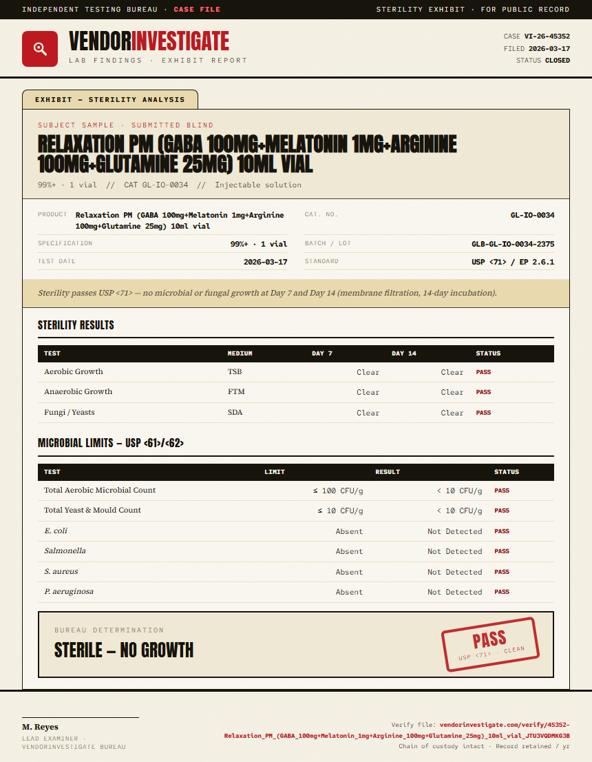 Relaxation PM (GABA 100mg+Melatonin 1mg+Arginine 100mg+Glutamine 25mg) 10ml vial Sterility report by VendorInvestigate