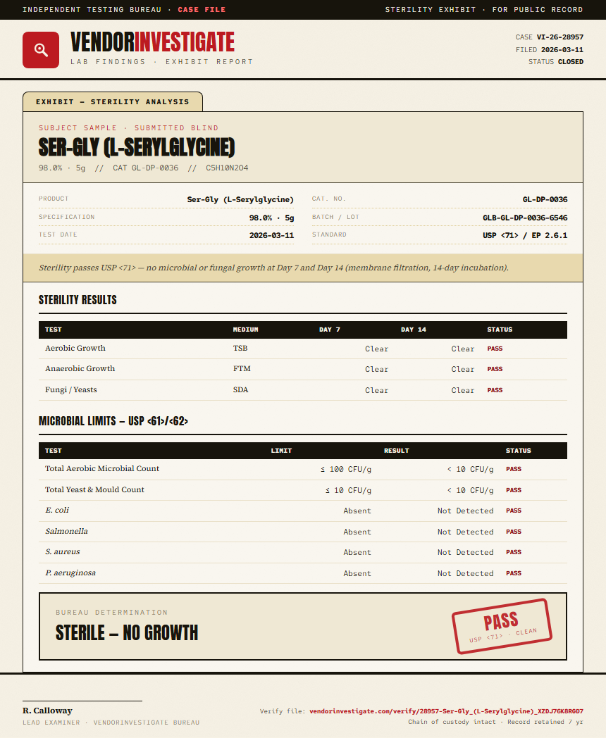 Ser-Gly (L-Serylglycine) Sterility report by VendorInvestigate